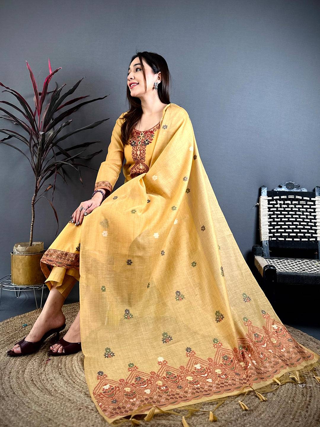 Mustard Grace Hand Embroidered Suit Set