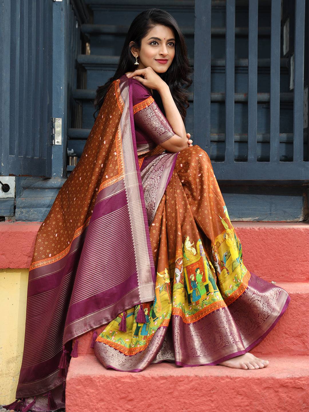 Brown Pure Viscose Dola Silk Saree with Bhandhej Print