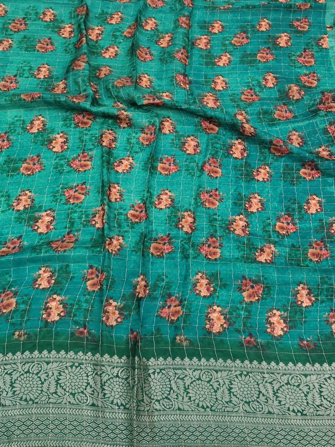 Emerald Green Floral Printed Viscose Saree

