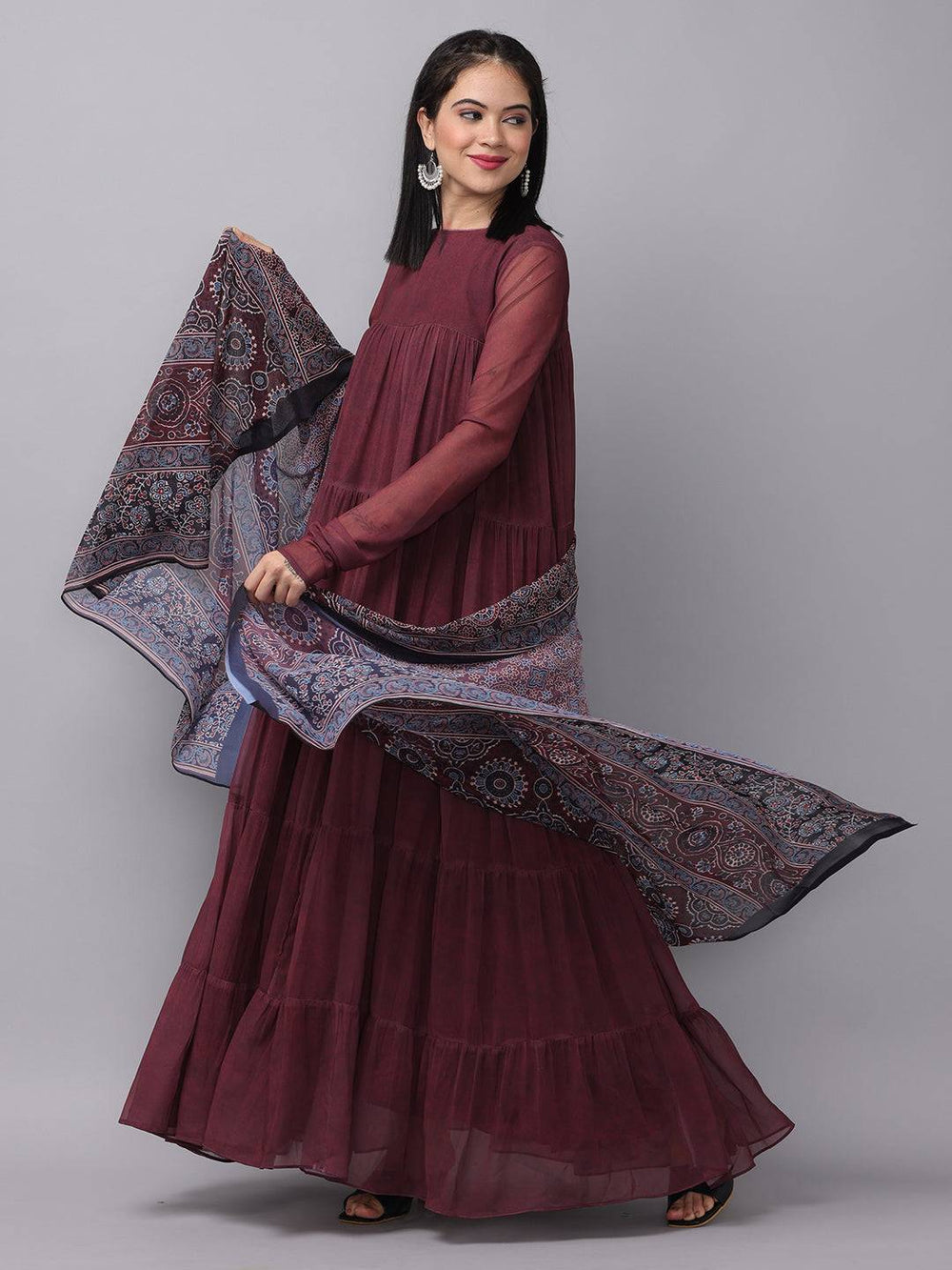 Mulberry dress showcasing floral dupatta movement