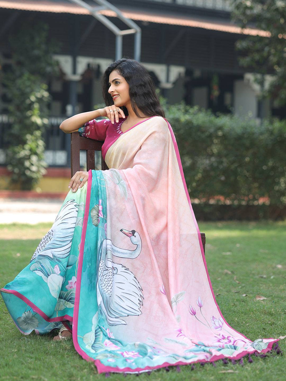 Stylish Satin Georgette Light Peach Colour Hand Print Saree