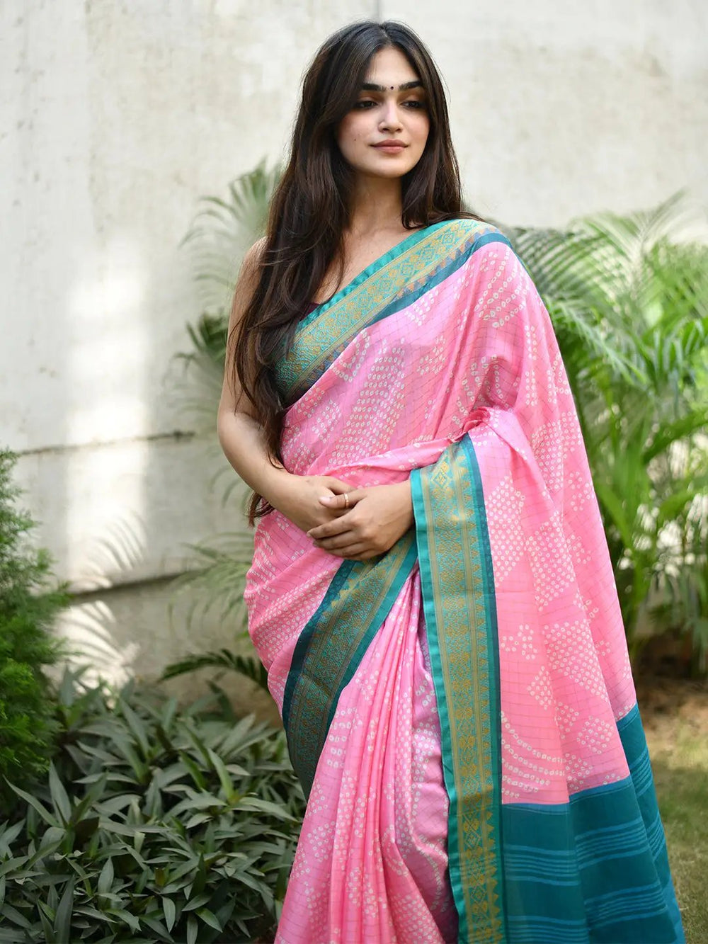 Stylish Bandhej print silk saree with Kanjivaram border
