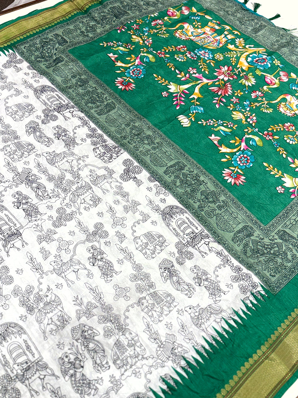 Green Pen Kalamkari Printed Dola Silk Saree