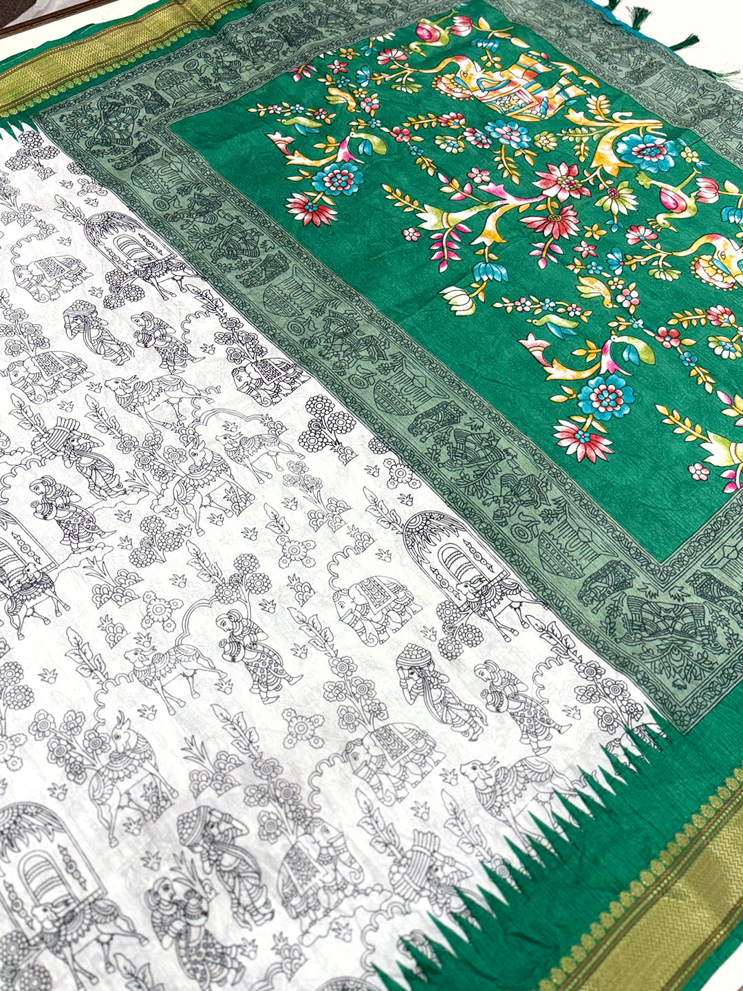 Green Pen Kalamkari Printed Dola Silk Saree