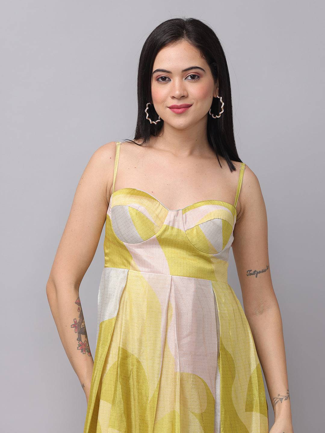 Close-up of Spring Green Abstract Print Dress bodice