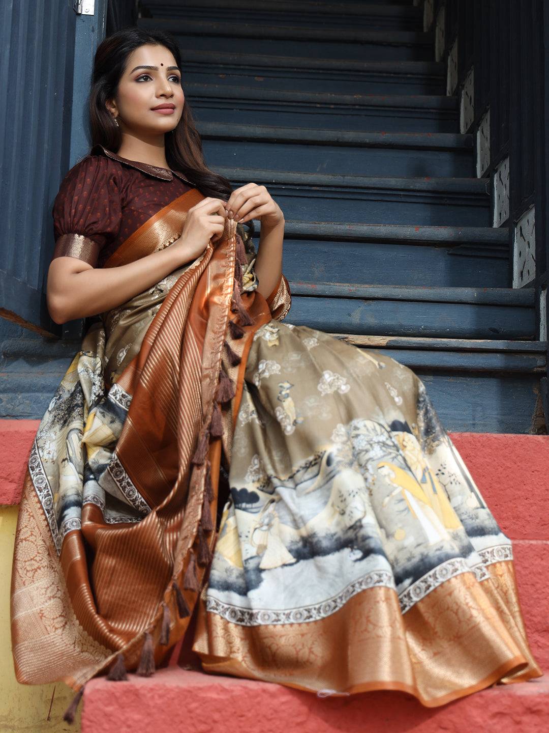 Multi Ajrak Block & Hand Kalamkari Print Pure Viscose Saree