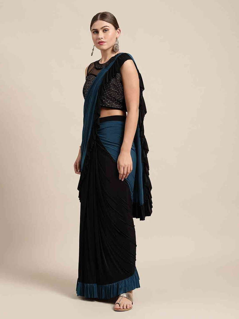 Stylish Viscose Rayon Black Colour Solid Saree With Ruffle Border