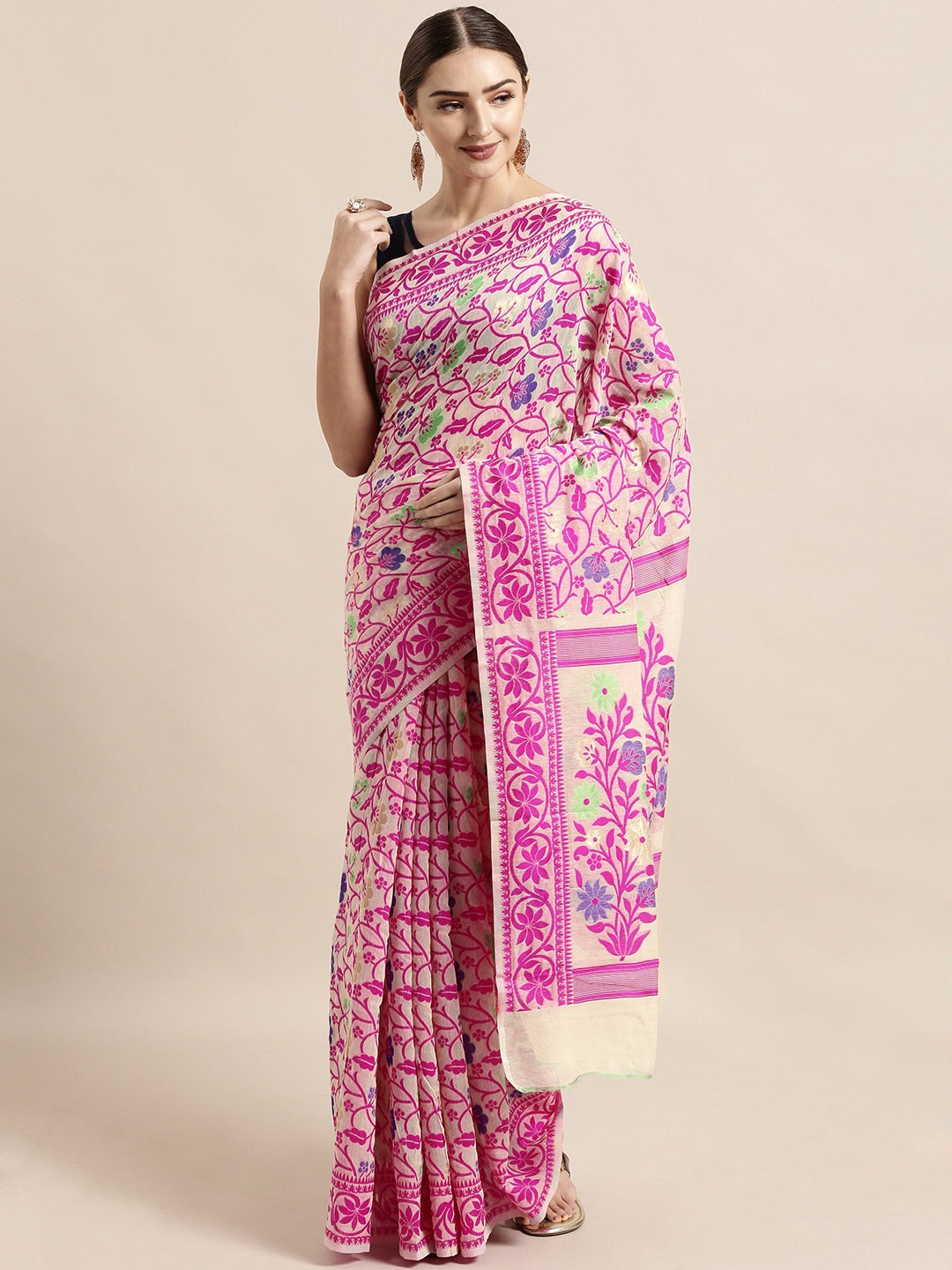  Stylish&Beautiful Jamdani Cream Colour Woven Design Saree