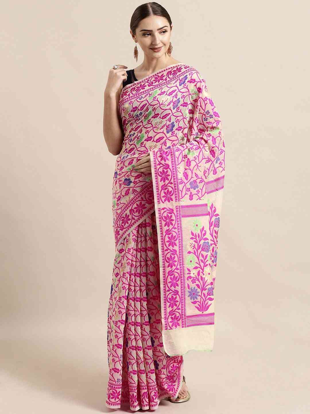  Stylish&Beautiful Jamdani Cream Colour Woven Design Saree