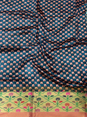 Teal Freehand Digital Print Soft Silk Saree