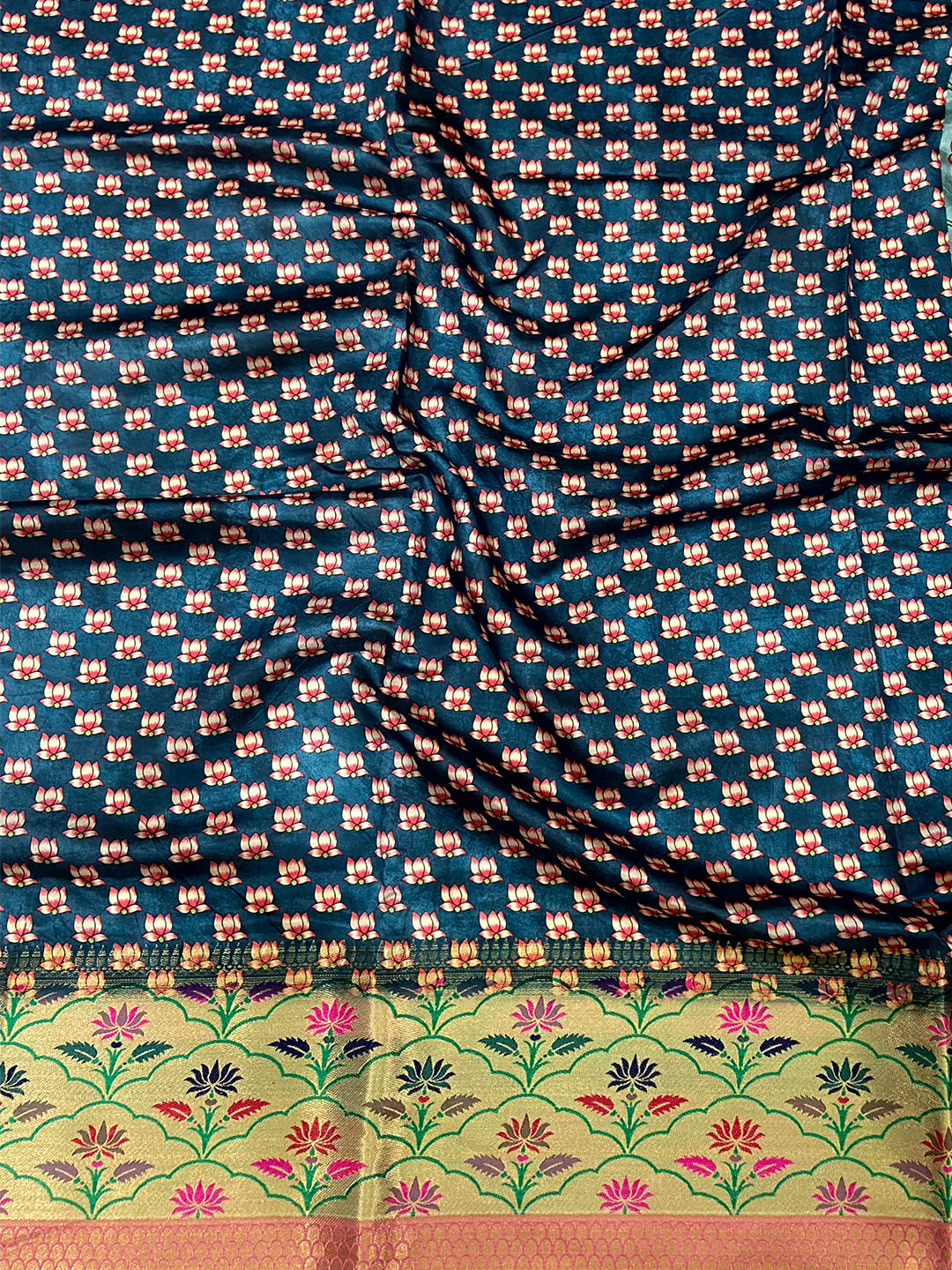 Teal Freehand Digital Print Soft Silk Saree