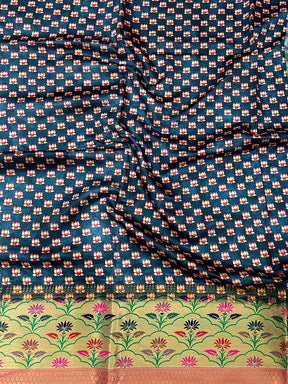 Teal Freehand Digital Print Soft Silk Saree
