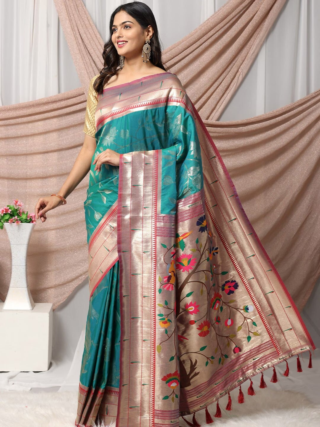 Paithani Silk Blend Zari Work Rama Colour Saree