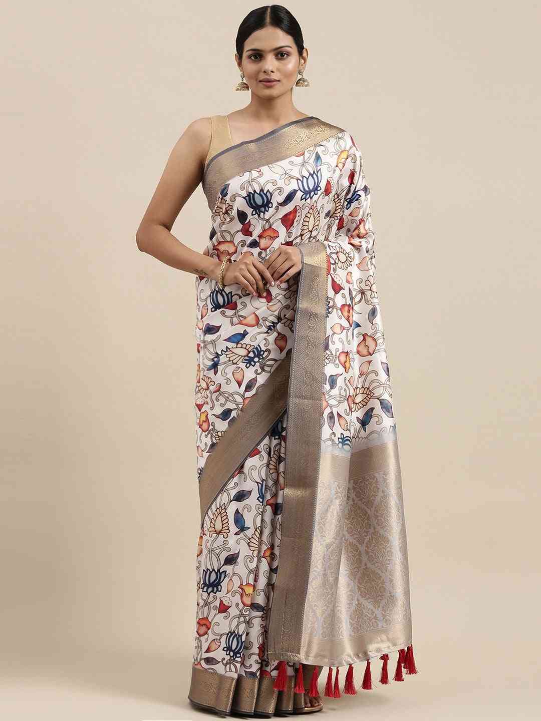  Banarasi White Colour Zari Floral Silk Saree
