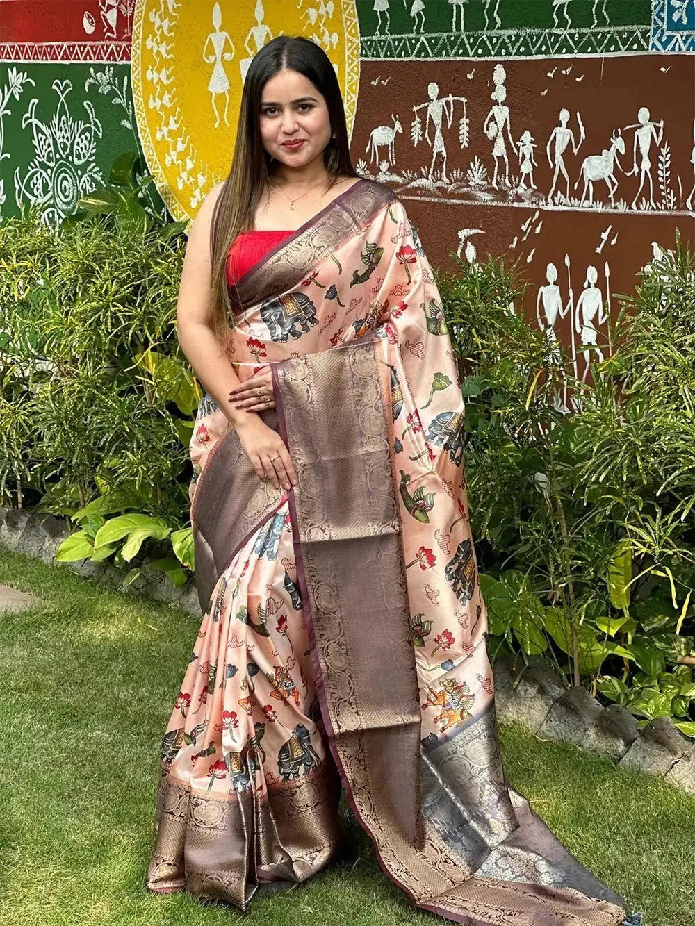 Elegant Kalamkari digital print saree, garden setting