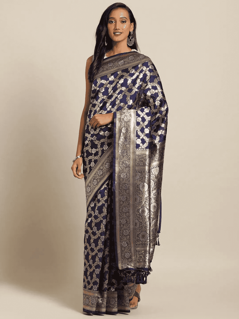 Navy Colour Banarasi Silk Zari Woven Design Saree