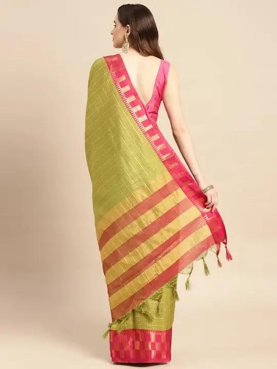 Trendy Olive Colour Woven Design Checked Saree 