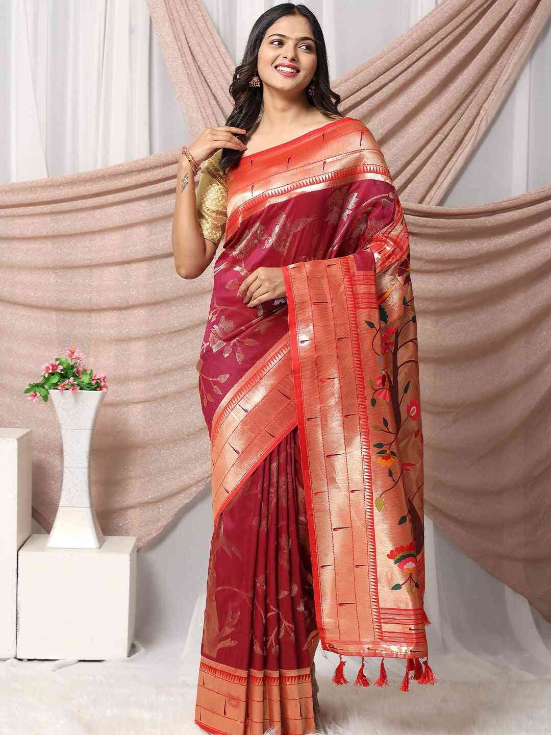   Woven Zari Paithani Silk Saree In Maroon Colour