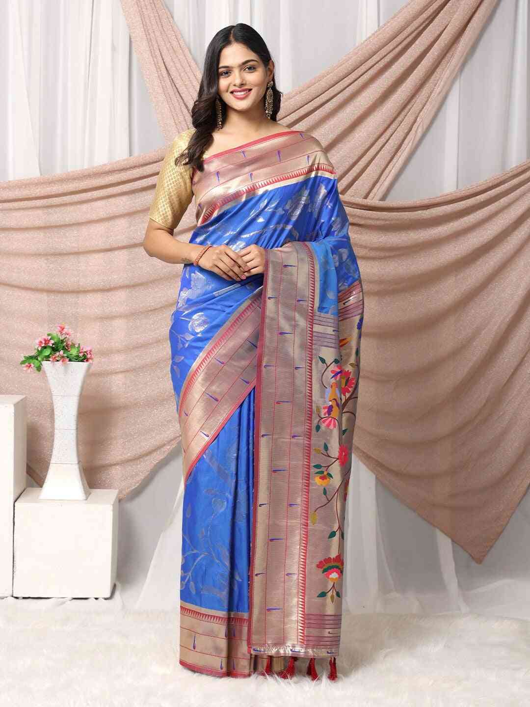  Blue Silk Blend Woven Zari Paithani Saree