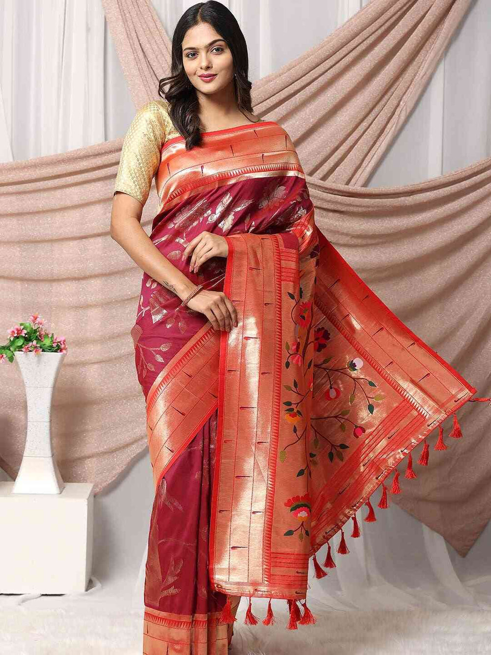   Woven Zari Paithani Silk Saree In Maroon Colour
