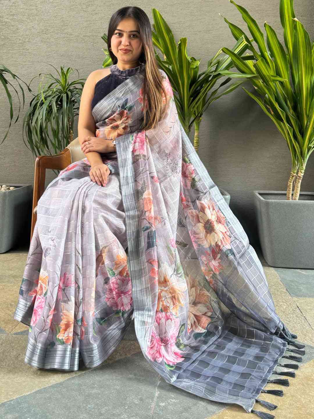 Grey traditional saree with floral print and zari chex design