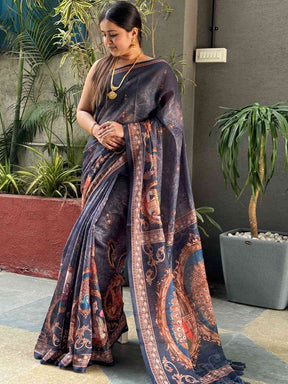 Exclusive Blue Colour Linen Saree with Digital Print