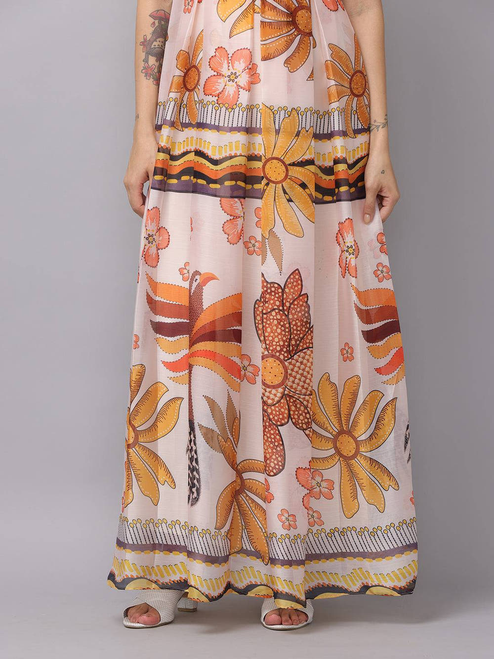 Off white chiffon print dress with floral design, skirt detail