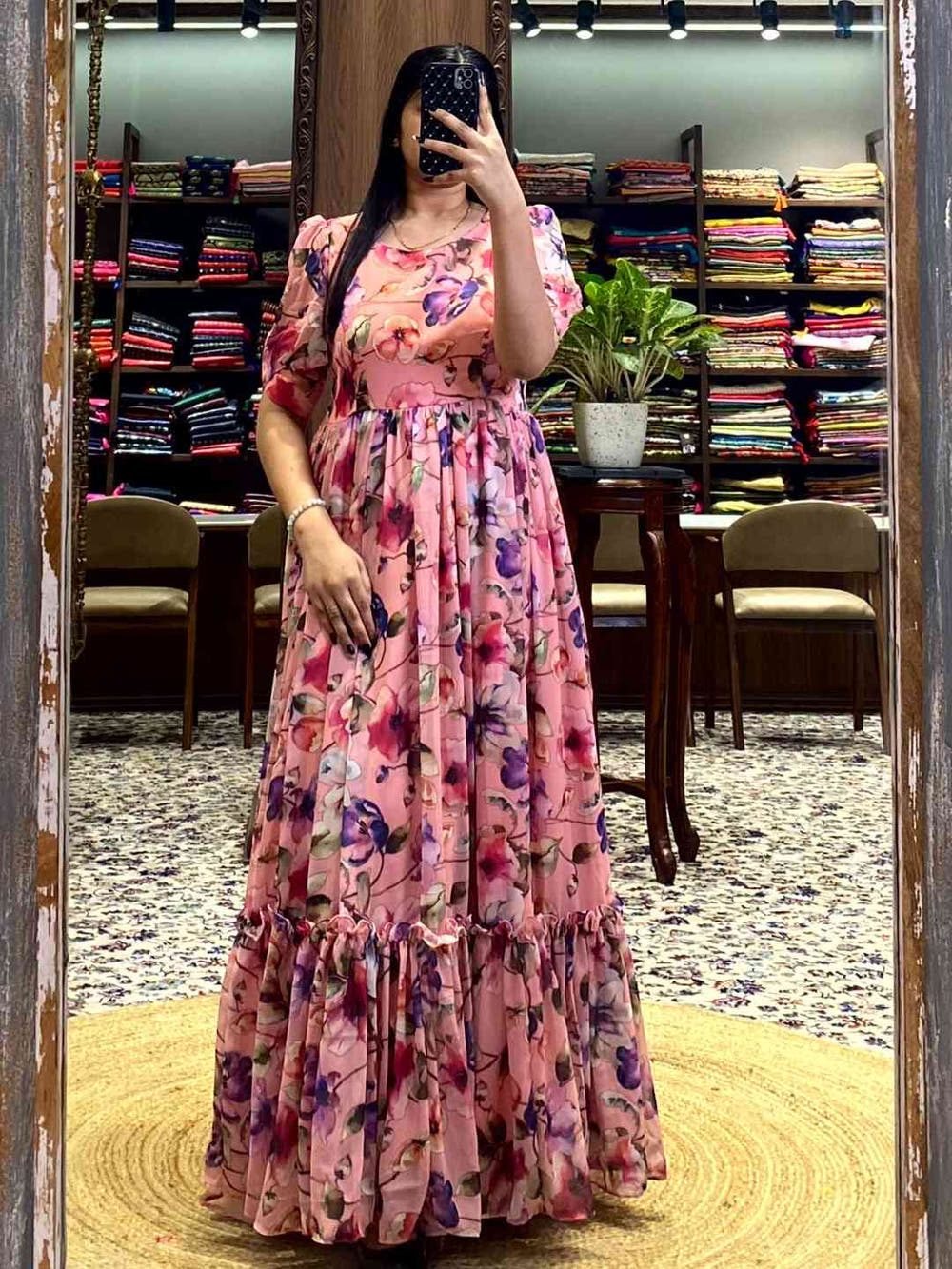 Salmon Pink Floral Georgette Dress