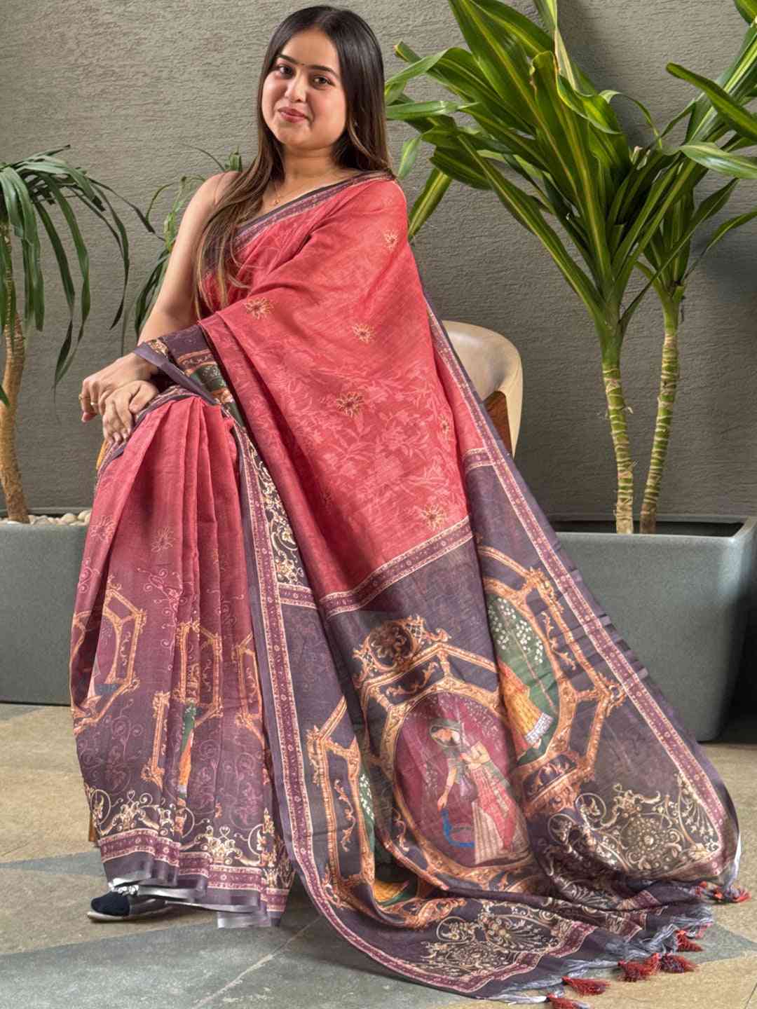 Red linen saree with digital print and majestic border