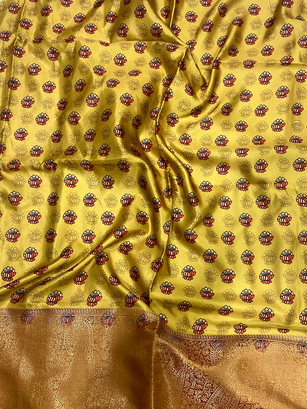 Lemon Yellow Cherry Satin Kalamkari Saree