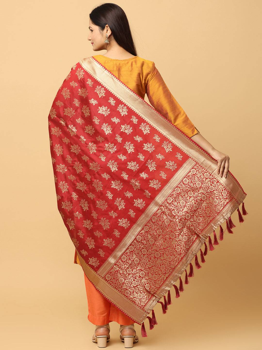 Back view of red silk blend dupatta with woven design