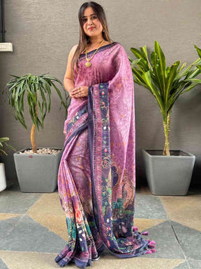 Purple saree with digital print and traditional design
