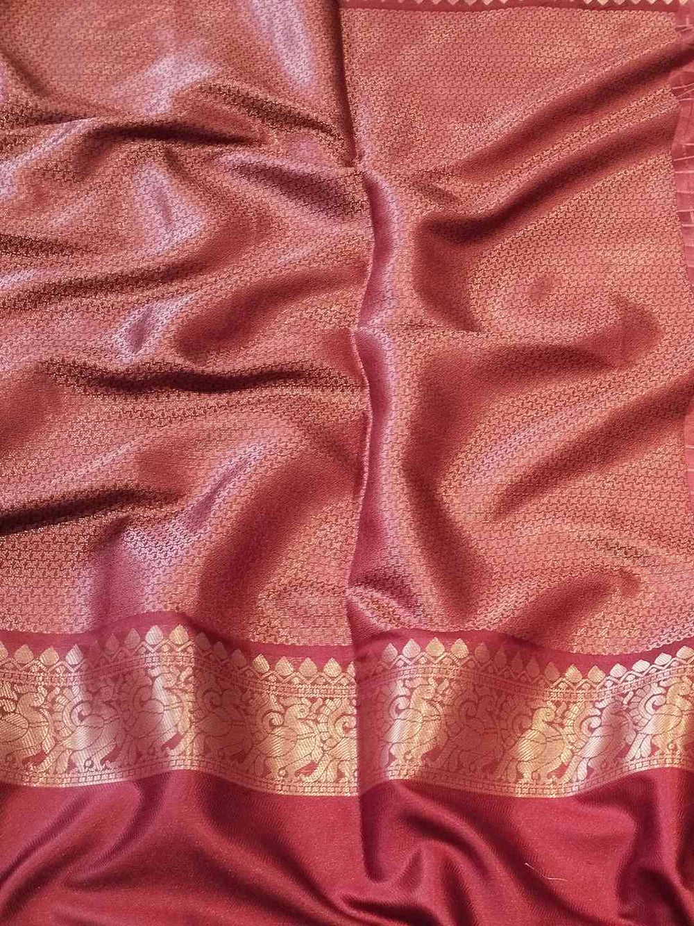Wine Colour Banarasi Silk Saree fabric with gold border details