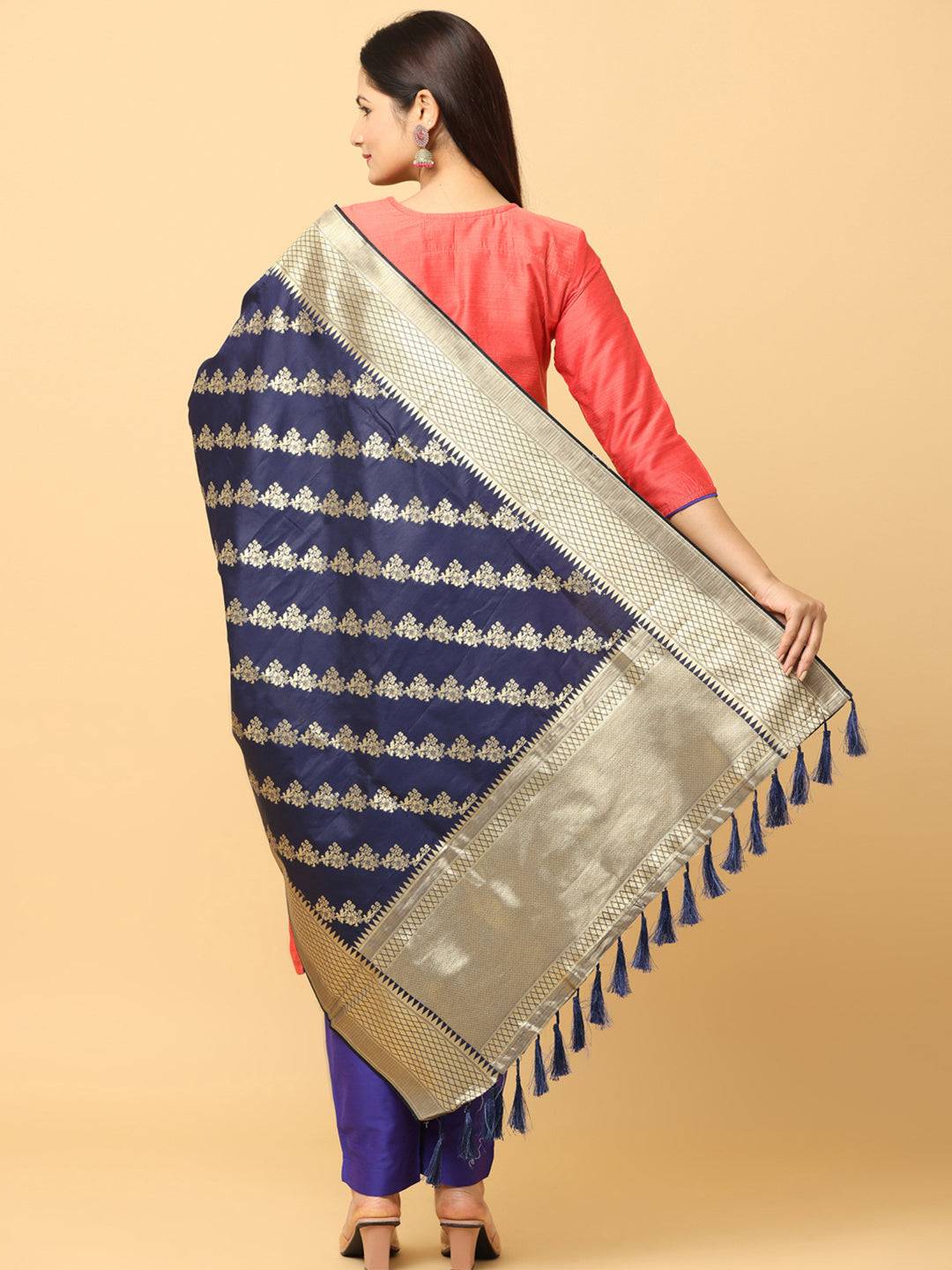 Back view of navy woven design dupatta