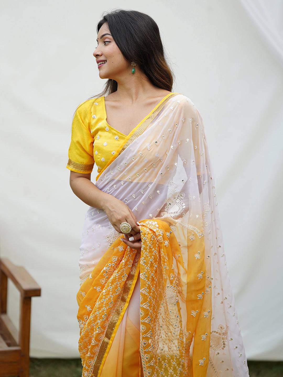 Yellow Georgette Saree with Embroidery Sequence Thread Work