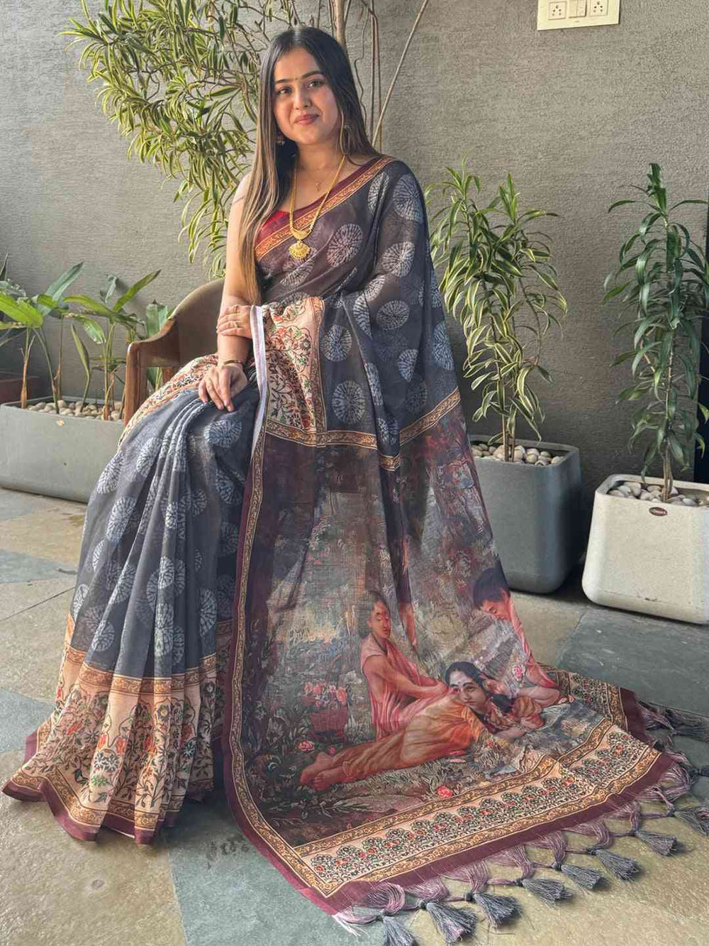 Grey Kalamkari saree with intricate block print pallu