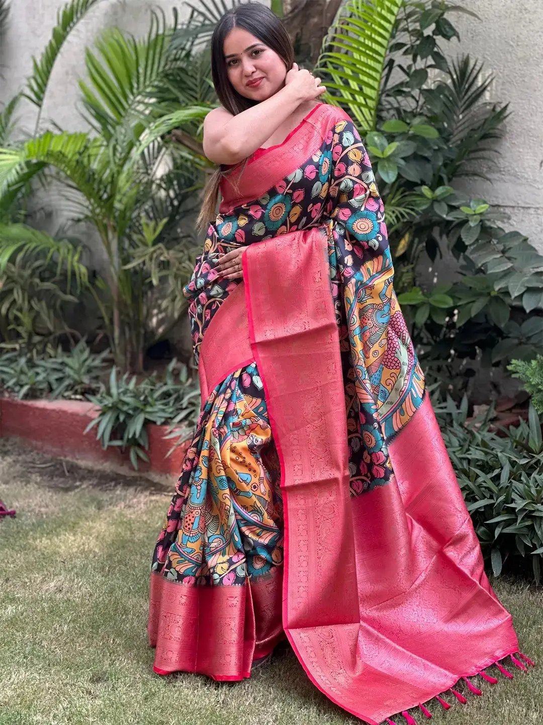 Stylish black and red Kalamkari soft silk saree