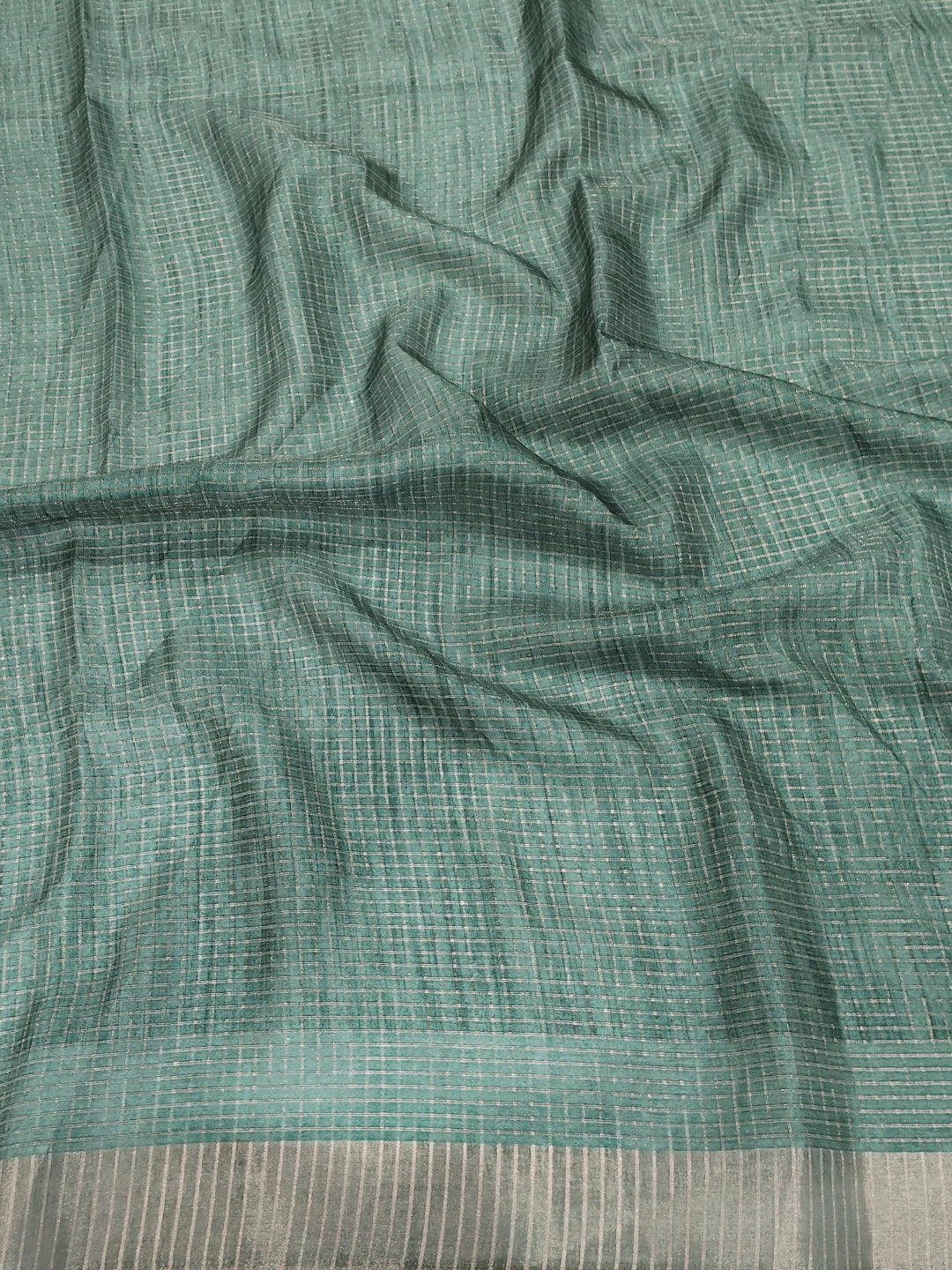 Green Tussar Chex Floral Print Saree