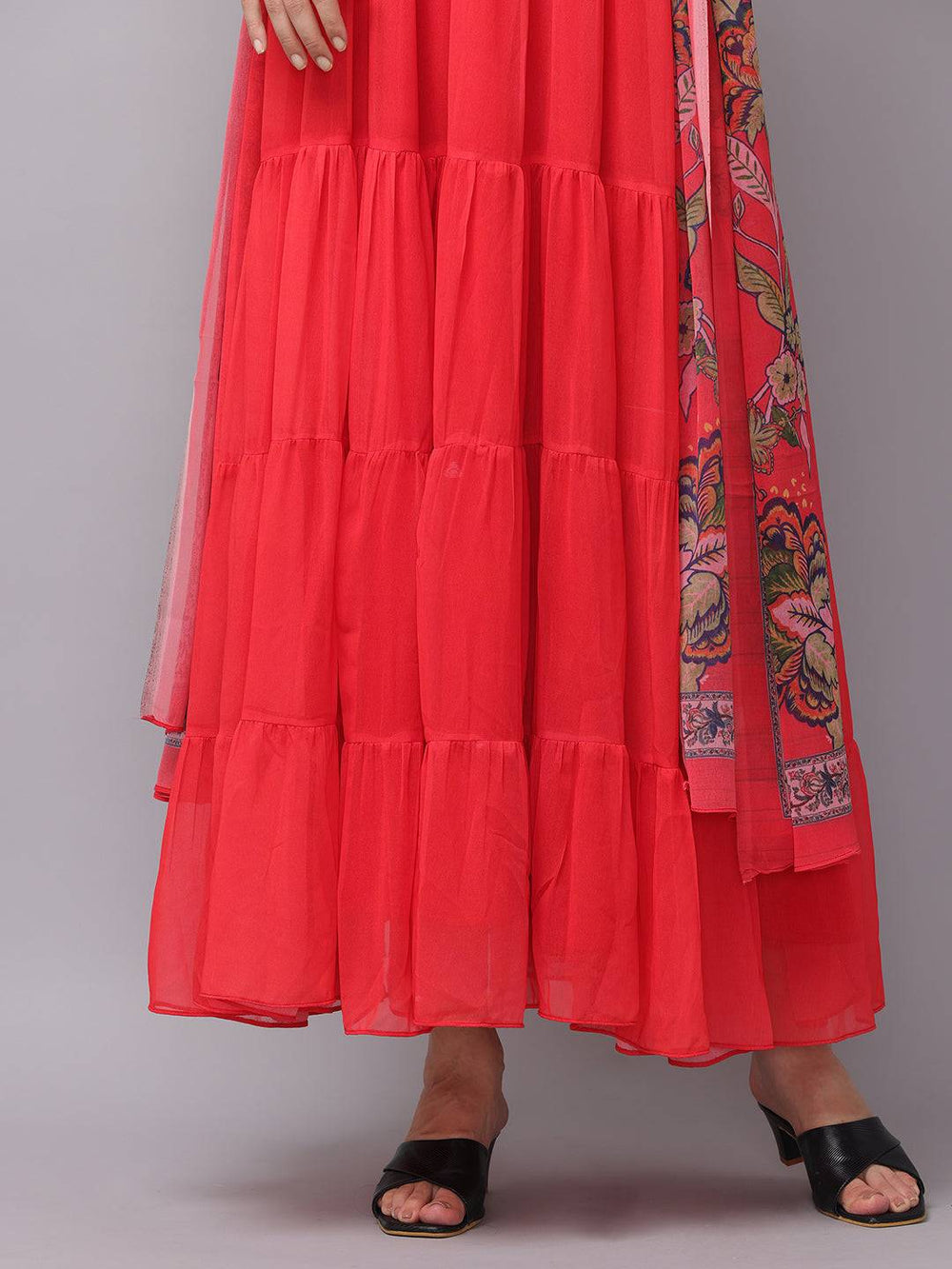 Hem detail of Fiery Red Churidar Sleeves Dress