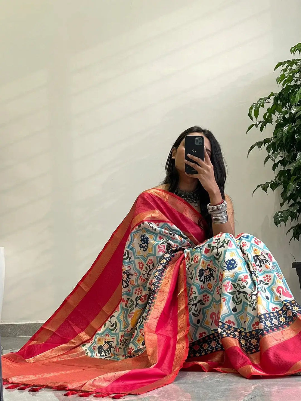 Colorful Pochampally print saree with soft silk texture