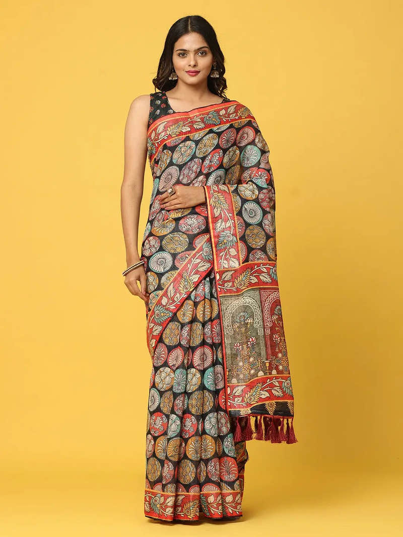 Soft Linen Kalamkari Block Print Party Wear Saree
