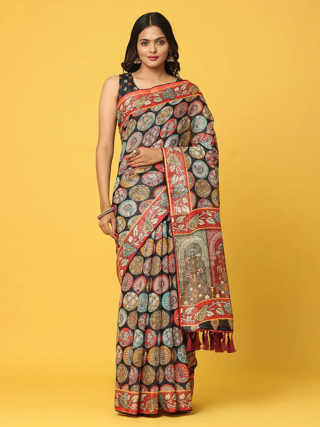 Soft Linen Kalamkari Block Print  With Sequin Border 