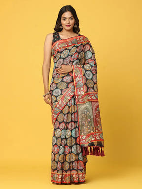 Soft Linen Kalamkari Block Print  With Sequin Border 