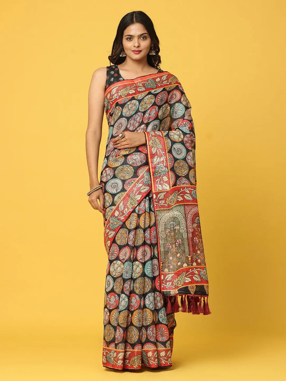 Soft Linen Kalamkari Block Print  With Sequin Border 