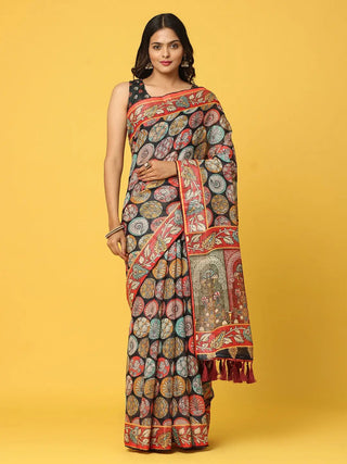 Soft Linen Kalamkari Block Print  With Sequin Border 