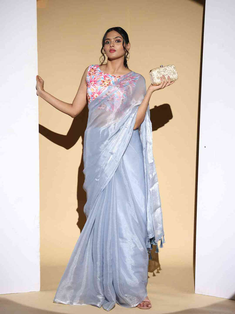 Grey Colour Chiffon Dual Tone Party Wear Design Saree