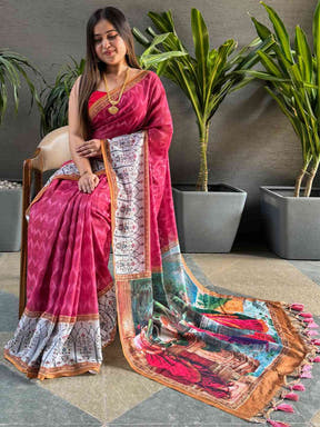 Rani Ikkat saree showcasing Kalamkari block print design