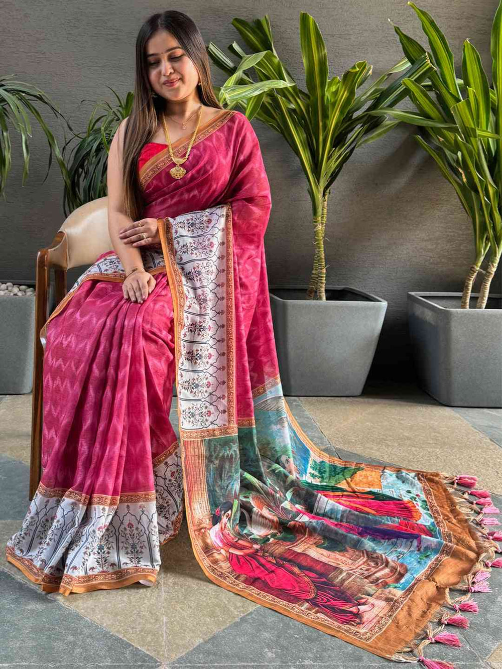 Rani Ikkat saree showcasing Kalamkari block print design