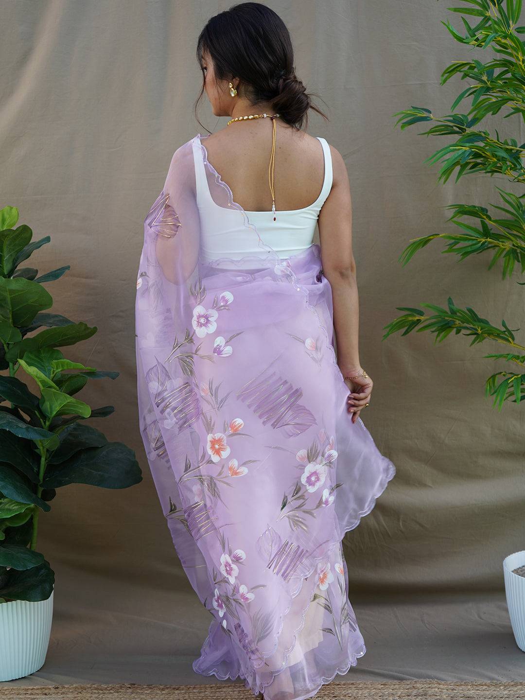 Lavender Organza Saree with Floral Prints and Cutwork Border