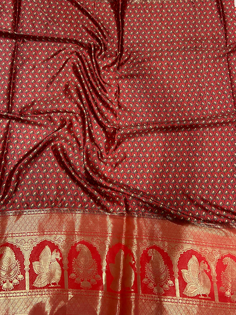 Elegant Soft Cherry Satin Kalamkari Print Saree